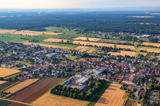 Aerial view of Günter's Garage Car Repair Shop and Löwen Distillery GmbH in the district Niederlustadt in Lustadt in the state Rhineland-Palatinate, Germany