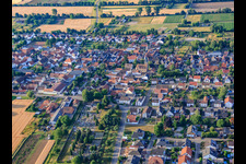 Aerial view of Apostle Church and Evangelical Church Oberlustadt in the district Niederlustadt in Lustadt in the state Rhineland-Palatinate, Germany