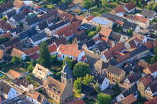 Aerial photograpy of Apostle Church and Evangelical Church Oberlustadt in the district Niederlustadt in Lustadt in the state Rhineland-Palatinate, Germany