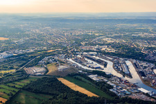Rhine ports Karlsruhe in the district Mühlburg in Karlsruhe in the state Baden-Wuerttemberg, Germany from above