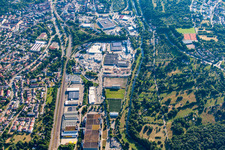 Oblique view of Industrial estate and company settlement Dennigstrasse mit Versandhaus Wenz in Pforzheim in the state Baden-Wurttemberg