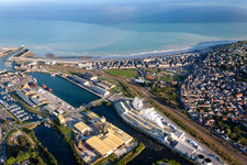 Aerial view of The front port in the district Treport Moderne in Le Tréport in the state Seine-Maritime, France