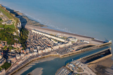 Aerial view of The front port in the district Basse Ville in Le Tréport in the state Seine-Maritime, France