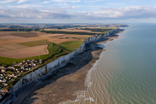 Aerial view of Coastline at the rocky cliffs of Aermelkanal in Ault in Hauts-de-France, France