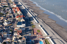 Aerial view of Beach landscape on the Coast to the English Channel in Cayeux-sur-Mer in Hauts-de-France, France