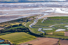 Aerial photograpy of River Delta and estuary of Somme in Saint-Valery-sur-Somme in Picardie, France