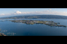 Aerial view of Panorama perspective of Lake Island Reichenau on the Lake Constance in the district Reichenau in Reichenau in the state Baden-Wurttemberg, Germany