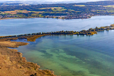 Oblique view of Footbridge to Reichenau - Pirminstr in the district Lindenbühl in Reichenau in the state Baden-Wuerttemberg, Germany