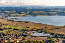 Aerial view of Wollmatinger Ried in the district Lindenbühl in Reichenau in the state Baden-Wuerttemberg, Germany
