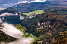 Danube Gorge in Fridingen an der Donau in the state Baden-Wuerttemberg, Germany seen from a drone