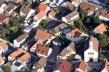 Aerial photograpy of Catholic Church of the Assumption of Mary in the district Maximiliansau in Wörth am Rhein in the state Rhineland-Palatinate, Germany