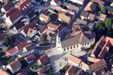 Catholic Church of the Assumption of Mary in the district Maximiliansau in Wörth am Rhein in the state Rhineland-Palatinate, Germany from above