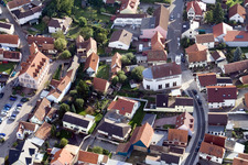 Aerial view of Protestant Church in the district Maximiliansau in Wörth am Rhein in the state Rhineland-Palatinate, Germany
