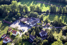 Waldgasthof Bienwaldmühle in Scheibenhardt in the state Rhineland-Palatinate, Germany seen from above