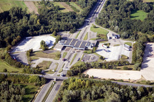 Aerial photograpy of Lorries and Truck storage areas and free-standing storage on former customs Lauterbourg now state-police department Bienwald in Scheibenhard in Grand Est, France