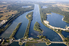 Aerial photograpy of Locks - plants and fish staircase on the banks of the waterway of the Rhein between Gambsheim and Freistett in the district Freistett in Rheinau in the state Baden-Wurttemberg, Germany