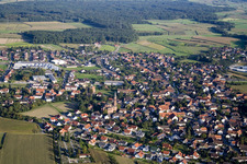 Aerial view of Church building in the village of in the district Rheinbischofsheim in Rheinau in the state Baden-Wurttemberg, Germany