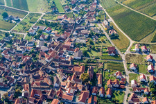 Wine-growing village between vineyards from the east in Birkweiler in the state Rhineland-Palatinate, Germany