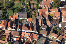 Drone recording of Main Street in Birkweiler in the state Rhineland-Palatinate, Germany