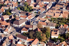 Market Street with the Protestant St. Martin's Church in the district Billigheim in Billigheim-Ingenheim in the state Rhineland-Palatinate, Germany