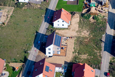 Aerial photograpy of Buchenweg, new development area in the Brotäckern in Steinweiler in the state Rhineland-Palatinate, Germany