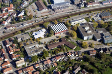 School building of the Ludwig-Marum-Gymnasium Pfinztal in the district Berghausen in Pfinztal in the state Baden-Wurttemberg from the plane