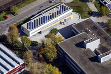 Bird's eye view of School building of the Ludwig-Marum-Gymnasium Pfinztal in the district Berghausen in Pfinztal in the state Baden-Wurttemberg
