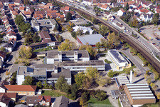 Aerial view of School building of the Ludwig-Marum-Gymnasium Pfinztal in the district Berghausen in Pfinztal in the state Baden-Wurttemberg
