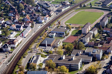 Aerial view of TSV Berghausen Stadium in the district Berghausen in Pfinztal in the state Baden-Wuerttemberg, Germany