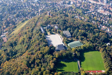Aerial view of Sports grounds and football pitch of Sportschule Schoeneck - national soccer training center on the Turmberg in the district Durlach in Karlsruhe in the state Baden-Wurttemberg