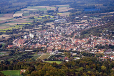 Aerial view of Town View of the streets and houses of the residential areas in the district Groetzingen in Karlsruhe in the state Baden-Wurttemberg