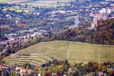 Aerial photograpy of Structure of the observation tower on the Turmberg with Gourmetrestaurant Anders in the district Durlach in Karlsruhe in the state Baden-Wurttemberg