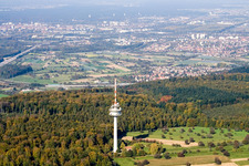 Aerial view of Telecommunication tower in the district Grünwettersbach in Karlsruhe in the state Baden-Wuerttemberg, Germany