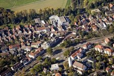 Aerial view of Christ the King Church in the district Rüppurr in Karlsruhe in the state Baden-Wuerttemberg, Germany