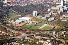 Aerial view of Europahalle in the district Südweststadt in Karlsruhe in the state Baden-Wuerttemberg, Germany