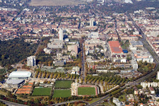Aerial photograpy of Europahalle in the district Südweststadt in Karlsruhe in the state Baden-Wuerttemberg, Germany
