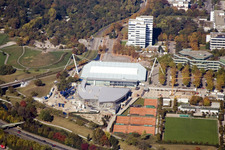 Oblique view of Europahalle in the district Südweststadt in Karlsruhe in the state Baden-Wuerttemberg, Germany