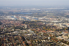 Grünwinkel and harbor from the east in the district Daxlanden in Karlsruhe in the state Baden-Wuerttemberg, Germany