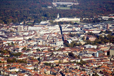 Panoramic city view of downtown area in Karlsruhe with Stadium, Castle, Herrenstrasse in the state Baden-Wurttemberg