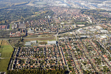 From the east in the district Grünwinkel in Karlsruhe in the state Baden-Wuerttemberg, Germany