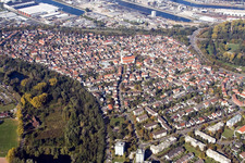 Aerial view of District Daxlanden in Karlsruhe in the state Baden-Wuerttemberg, Germany