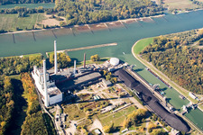 Rhine harbor power plant and harbor mouth in the district Daxlanden in Karlsruhe in the state Baden-Wuerttemberg, Germany