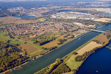 Aerial photograpy of View of the town from the southeast, across the Rhine. in the district Maximiliansau in Wörth am Rhein in the state Rhineland-Palatinate, Germany