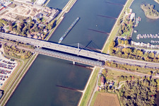 Aerial photograpy of River - bridge construction across the Rhine in the district Knielingen in Karlsruhe in the state Baden-Wurttemberg, Germany