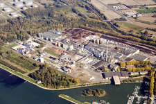Aerial view of Stora Enso from the west in the district Knielingen in Karlsruhe in the state Baden-Wuerttemberg, Germany
