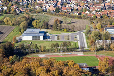 Bienwald Hall in Kandel in the state Rhineland-Palatinate, Germany viewn from the air