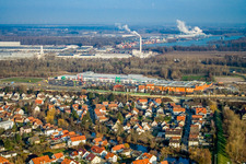 Aerial view of Rheindammstr in front of the Maximilian Center in the district Maximiliansau in Wörth am Rhein in the state Rhineland-Palatinate, Germany
