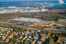 Aerial view of Globus hardware store in the Maximilian Center in the district Maximiliansau in Wörth am Rhein in the state Rhineland-Palatinate, Germany