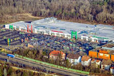 Aerial photograpy of Globus hardware store in the Maximilian Center in the district Maximiliansau in Wörth am Rhein in the state Rhineland-Palatinate, Germany