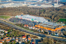 Globus hardware store in the Maximilian Center in the district Maximiliansau in Wörth am Rhein in the state Rhineland-Palatinate, Germany from above